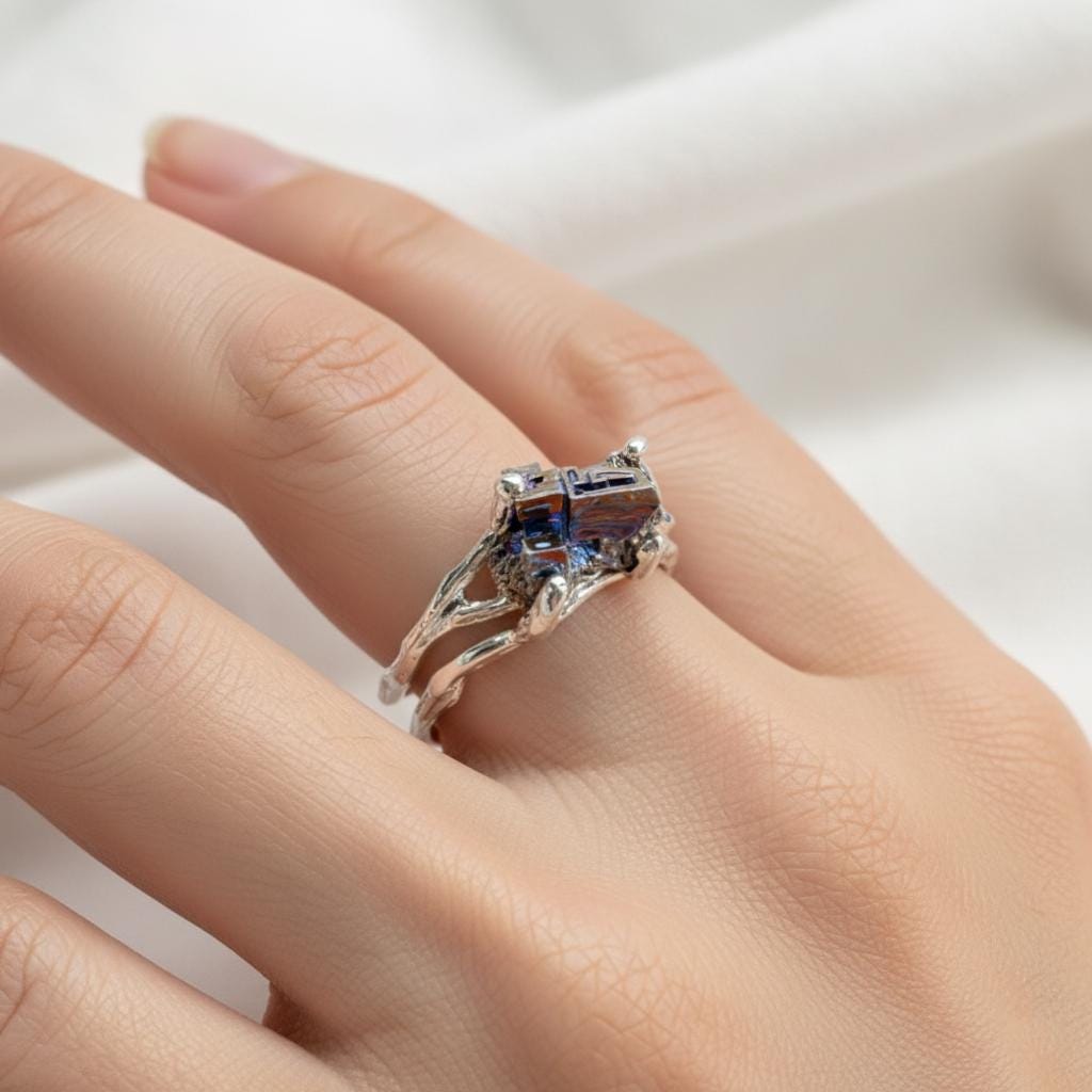 925 Sterling Silver Raw Bismuth Ring, setting detail