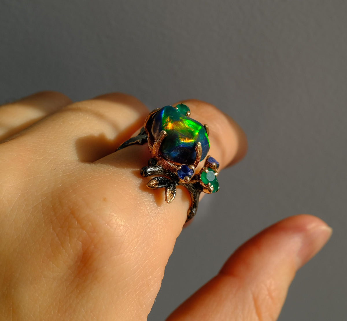 925 Sterling Silver Raw Black Opal Ring, worn on hand