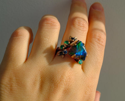 925 Sterling Silver Raw Black Opal Ring, setting detail