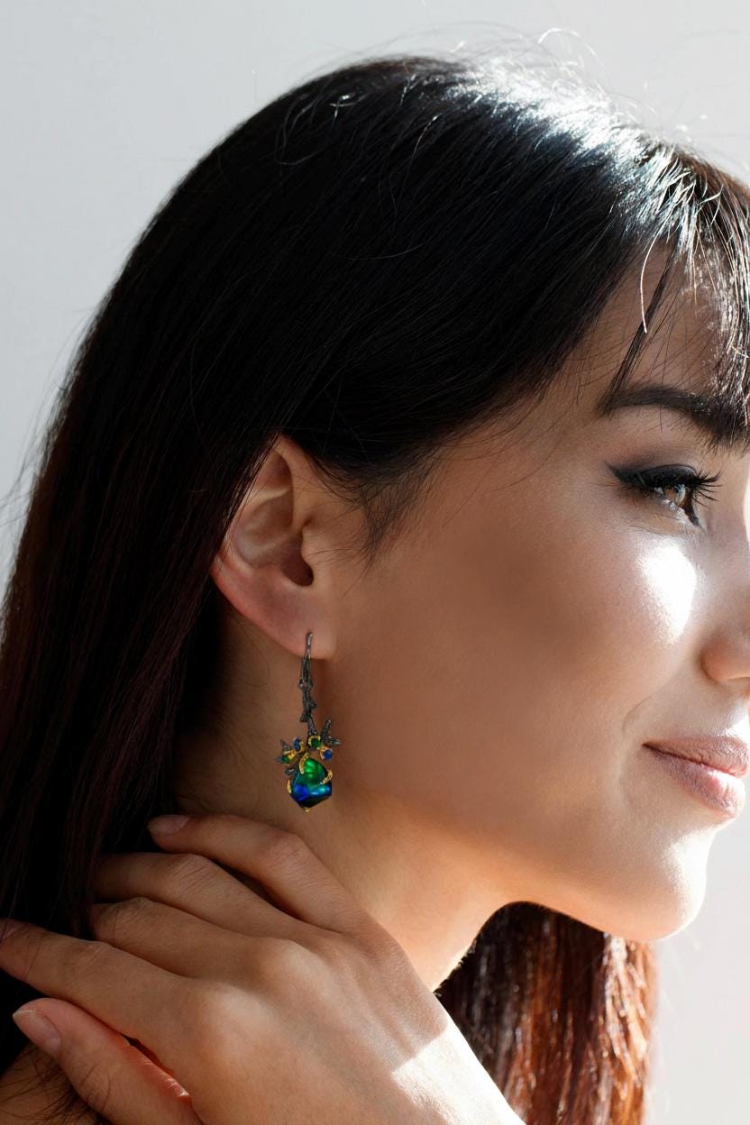 925 Sterling Silver Raw Black Opal Earrings, alternate angle