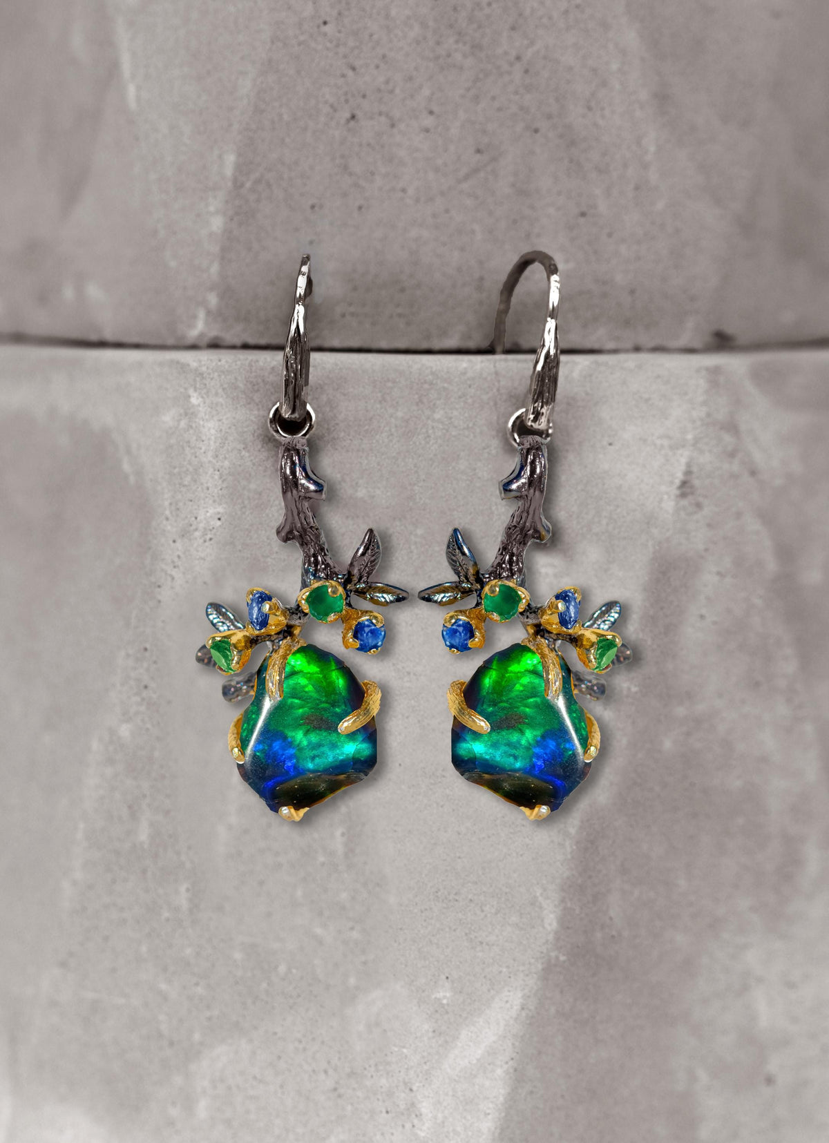 925 Sterling Silver Raw Black Opal Earrings, worn view