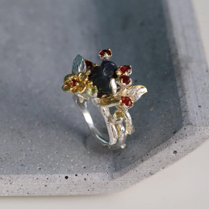 925 Sterling Silver Raw Black Opal Ring, texture close-up