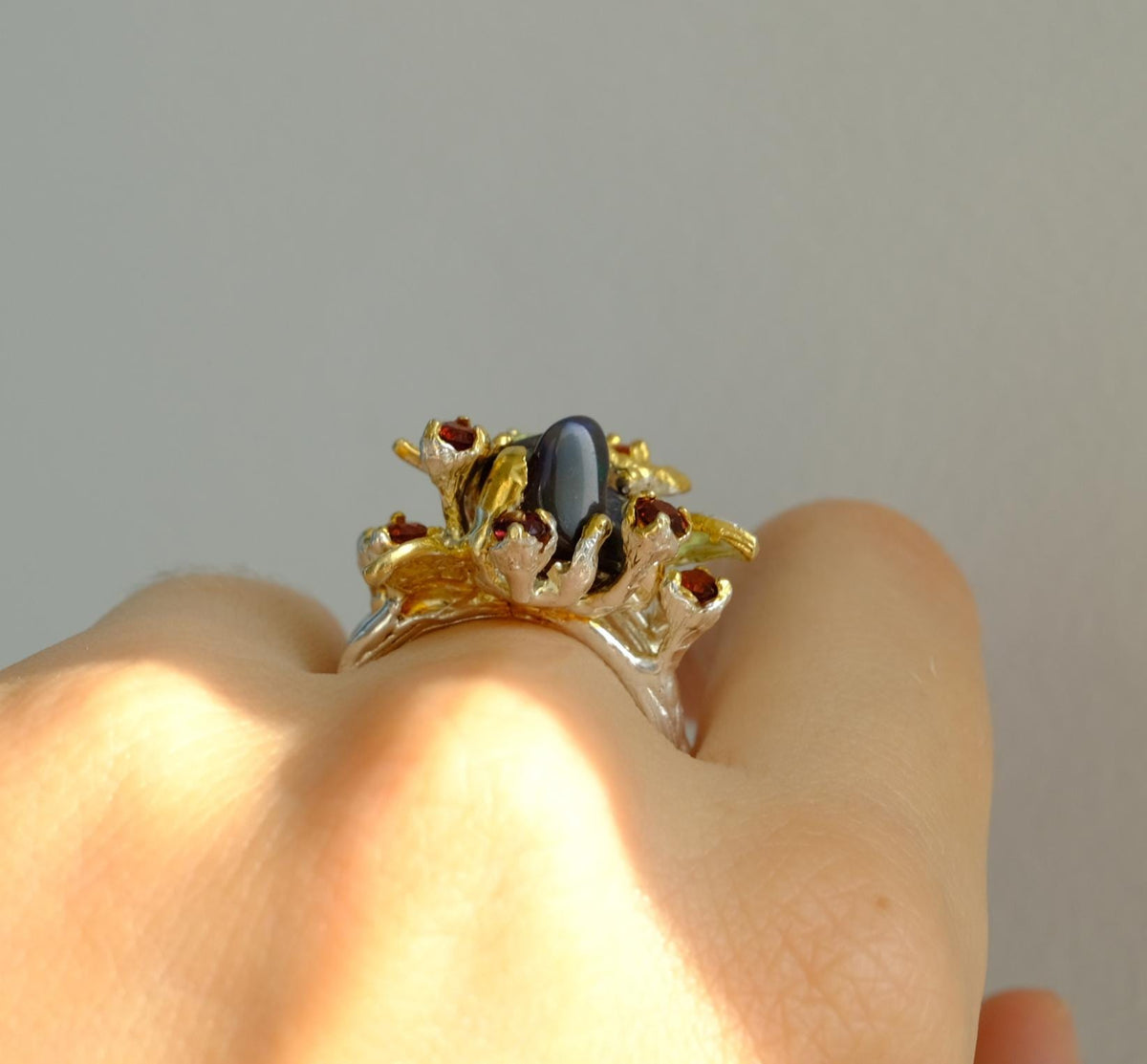 925 Sterling Silver Raw Black Opal Ring, close-up detail