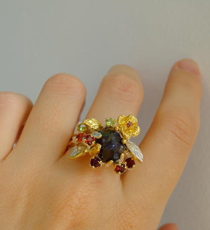 925 Sterling Silver Raw Black Opal Ring, side view