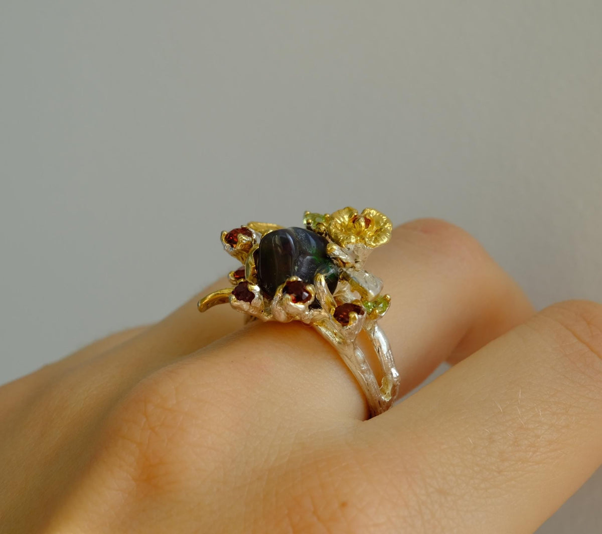 925 Sterling Silver Raw Black Opal Ring, worn on hand