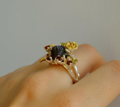 925 Sterling Silver Raw Black Opal Ring, worn on hand