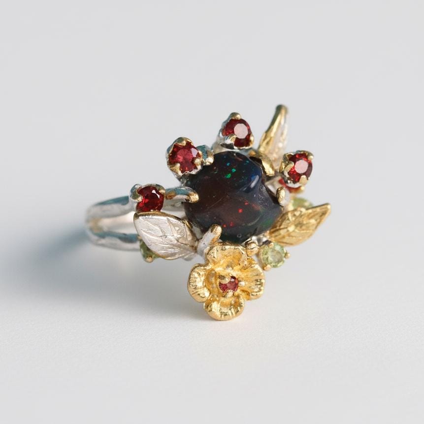 925 Sterling Silver Raw Black Opal Ring, setting detail