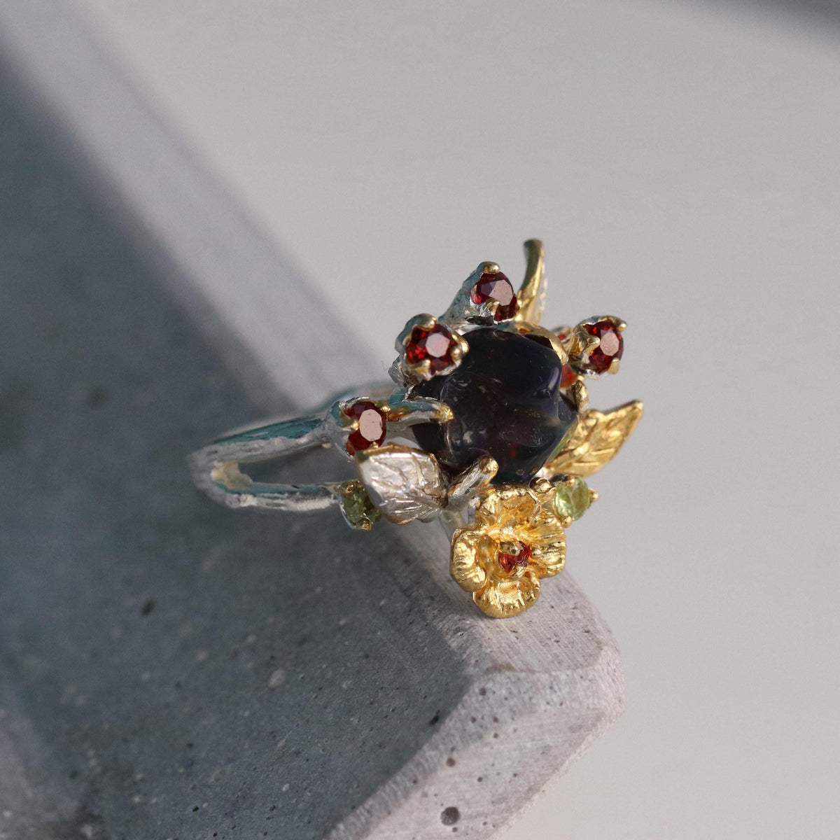 925 Sterling Silver Raw Black Opal Ring, worn look