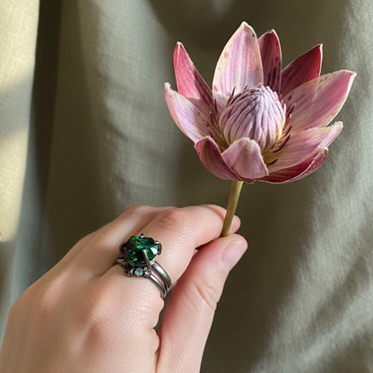 925 Sterling Silver Raw Black Opal Ring Set, texture close-up