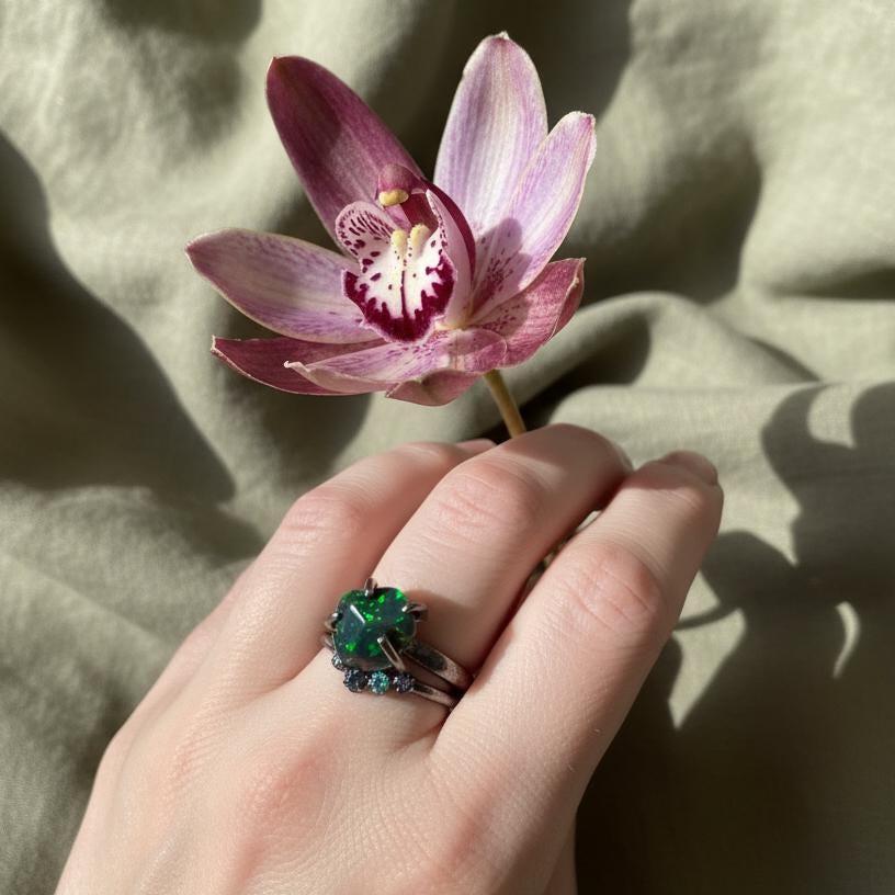 925 Sterling Silver Raw Black Opal Ring Set, close-up detail