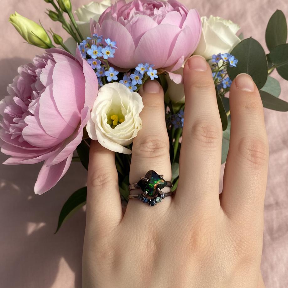 925 Sterling Silver Raw Black Opal Ring Set, side view