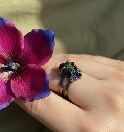 925 Sterling Silver Raw Black Opal Ring Set, worn on hand