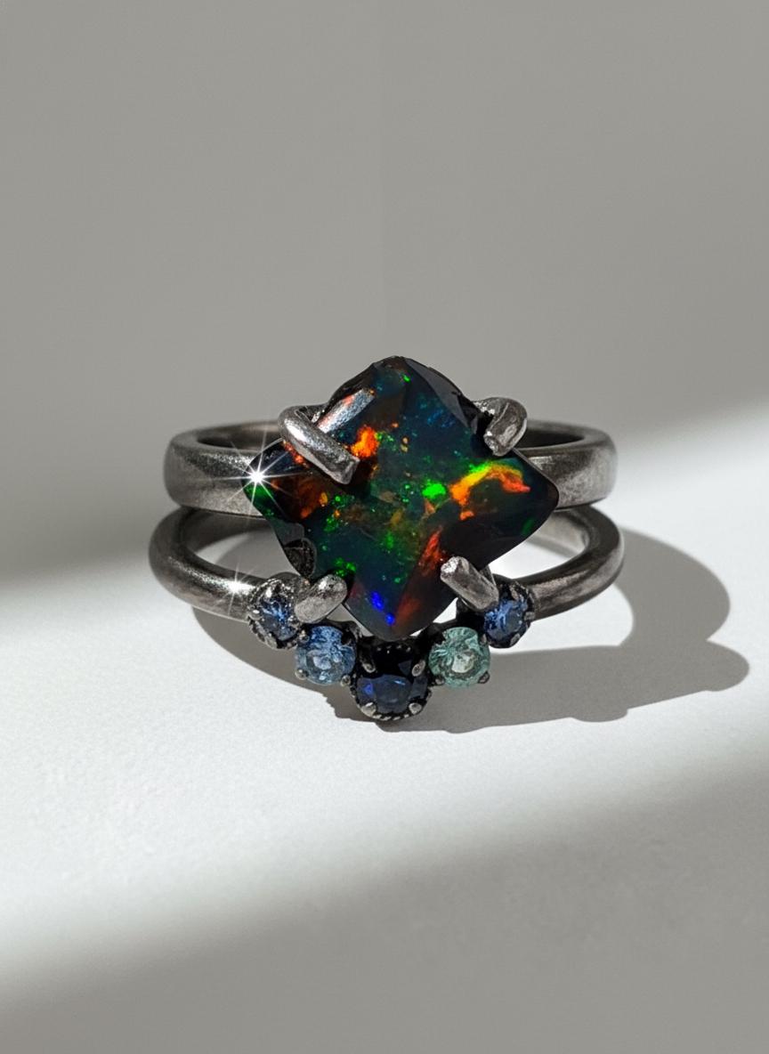 925 Sterling Silver Raw Black Opal Ring Set, setting detail