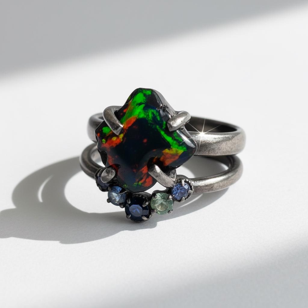 925 Sterling Silver Raw Black Opal Ring Set, additional angle