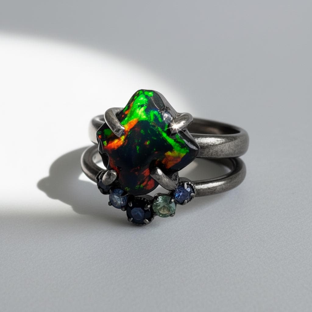 925 Sterling Silver Raw Black Opal Ring Set, worn look