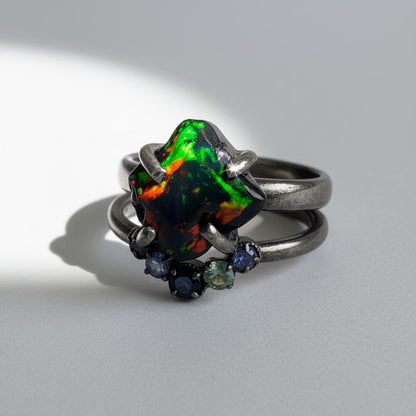 925 Sterling Silver Raw Black Opal Ring Set, worn look