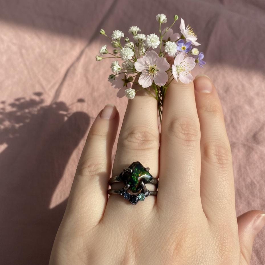 925 Sterling Silver Raw Black Opal Ring Set, band detail