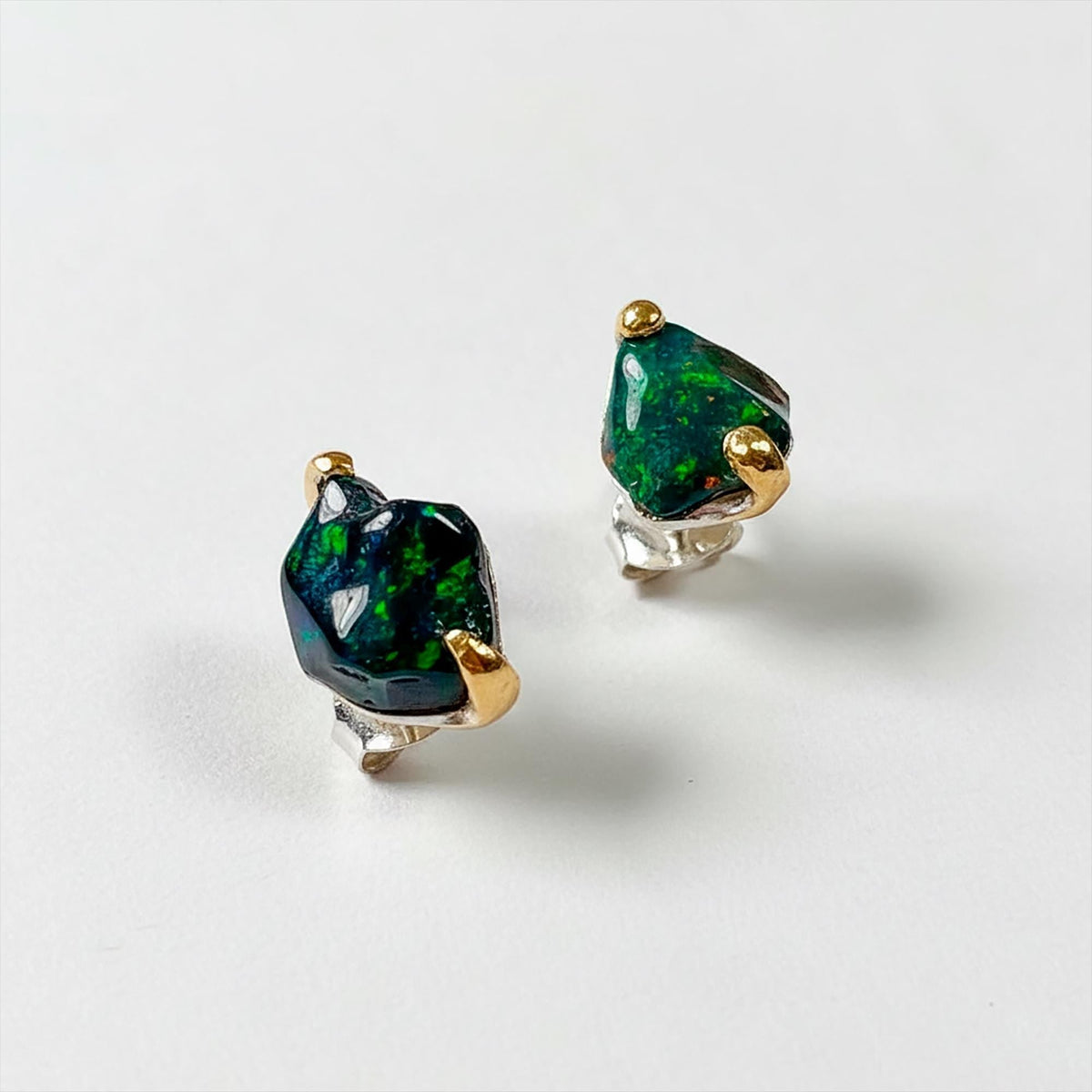 925 Sterling Silver Raw Black Opal Stud Earrings, close-up detail