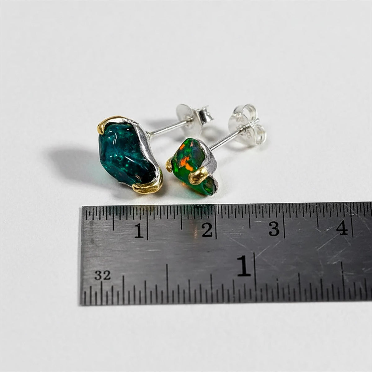 925 Sterling Silver Raw Black Opal Stud Earrings, side angle