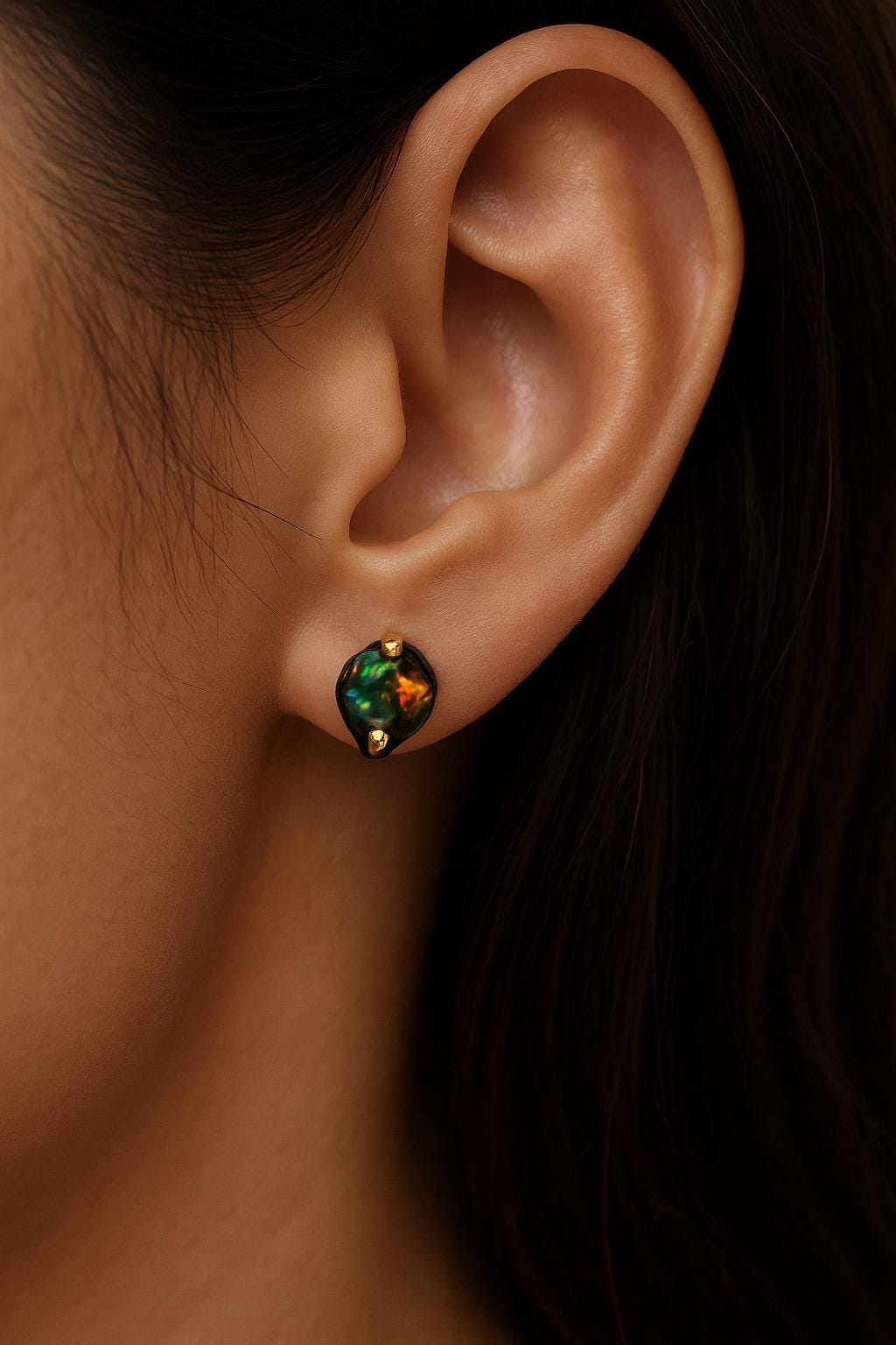 925 Sterling Silver Raw Black Opal Stud Earrings, stone or metal detail