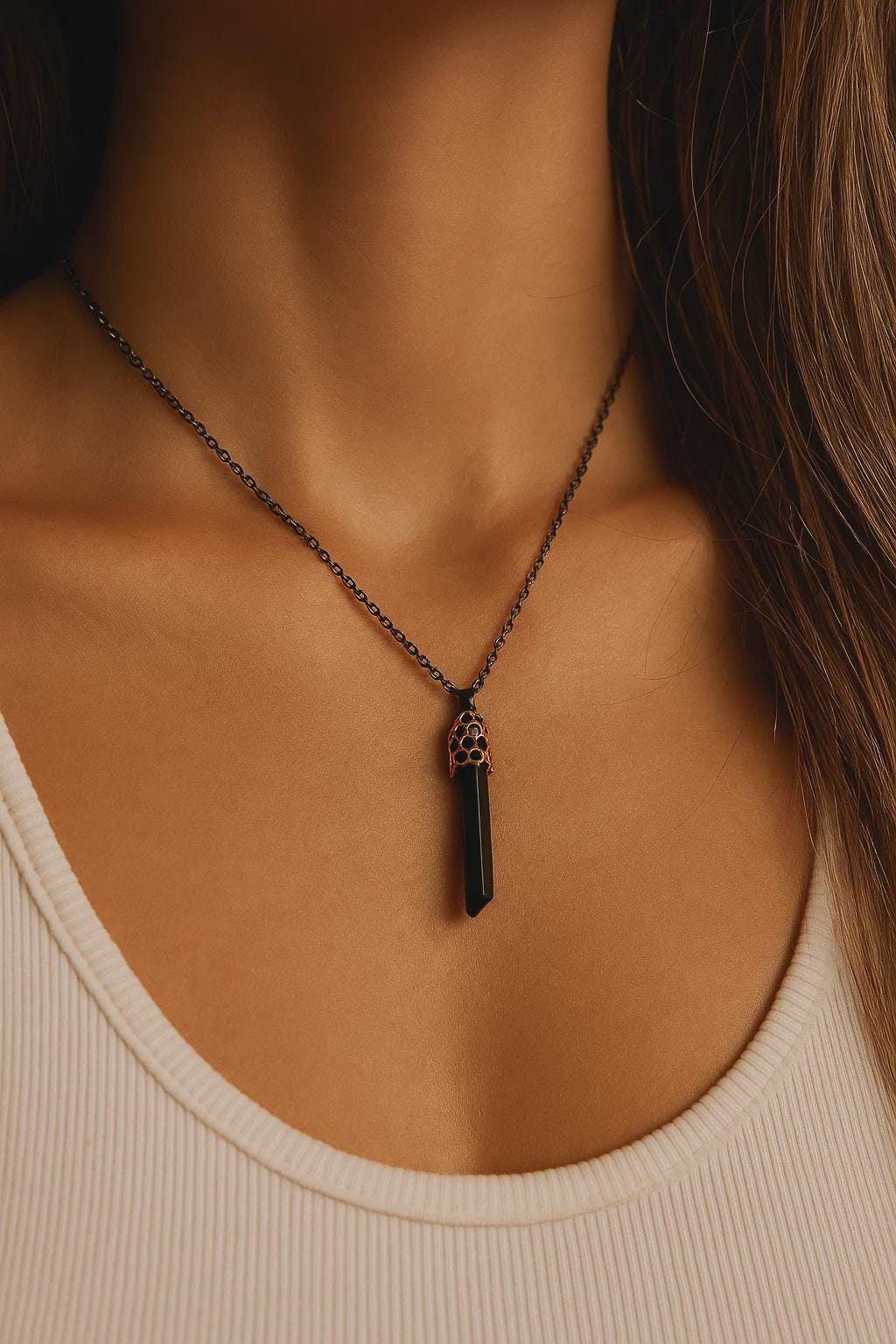 925 Sterling Silver Raw Black Tourmaline Necklace, worn view