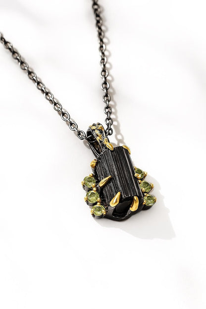 925 Sterling Silver Raw Black Tourmaline Necklace, close-up detail
