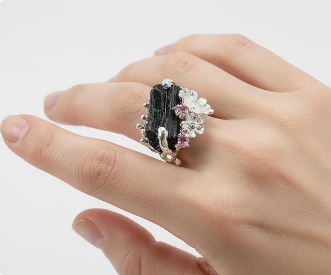 925 Sterling Silver Raw Black Tourmaline Ring, worn on hand