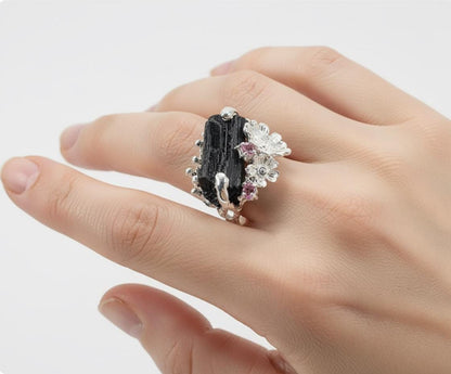 925 Sterling Silver Raw Black Tourmaline Ring, worn on hand