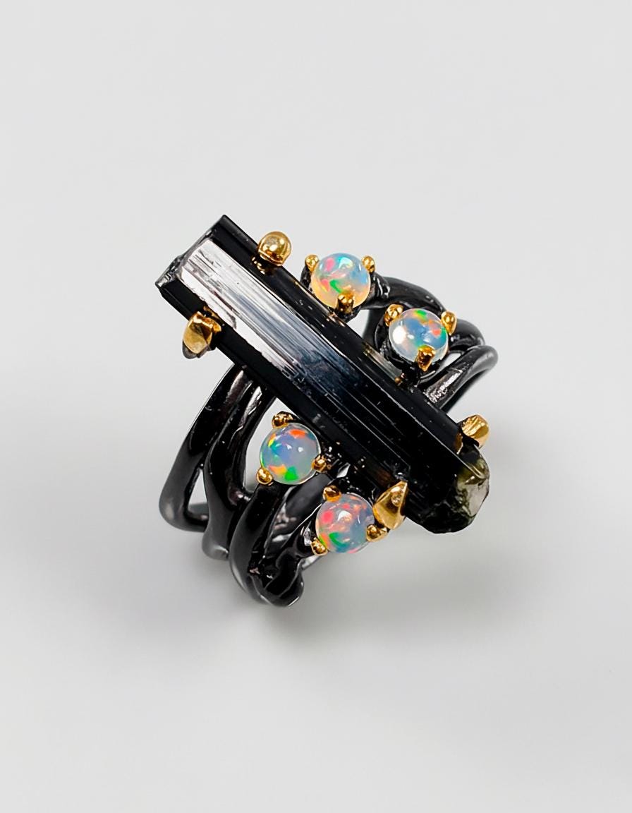 925 Sterling Silver Raw Black Tourmaline Ring, texture close-up