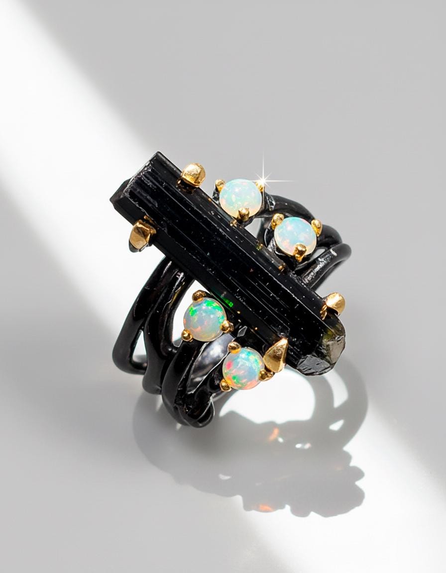 925 Sterling Silver Raw Black Tourmaline Ring, close-up detail, image 12