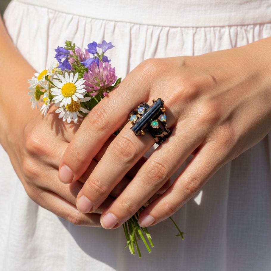 925 Sterling Silver Raw Black Tourmaline Ring, close-up detail