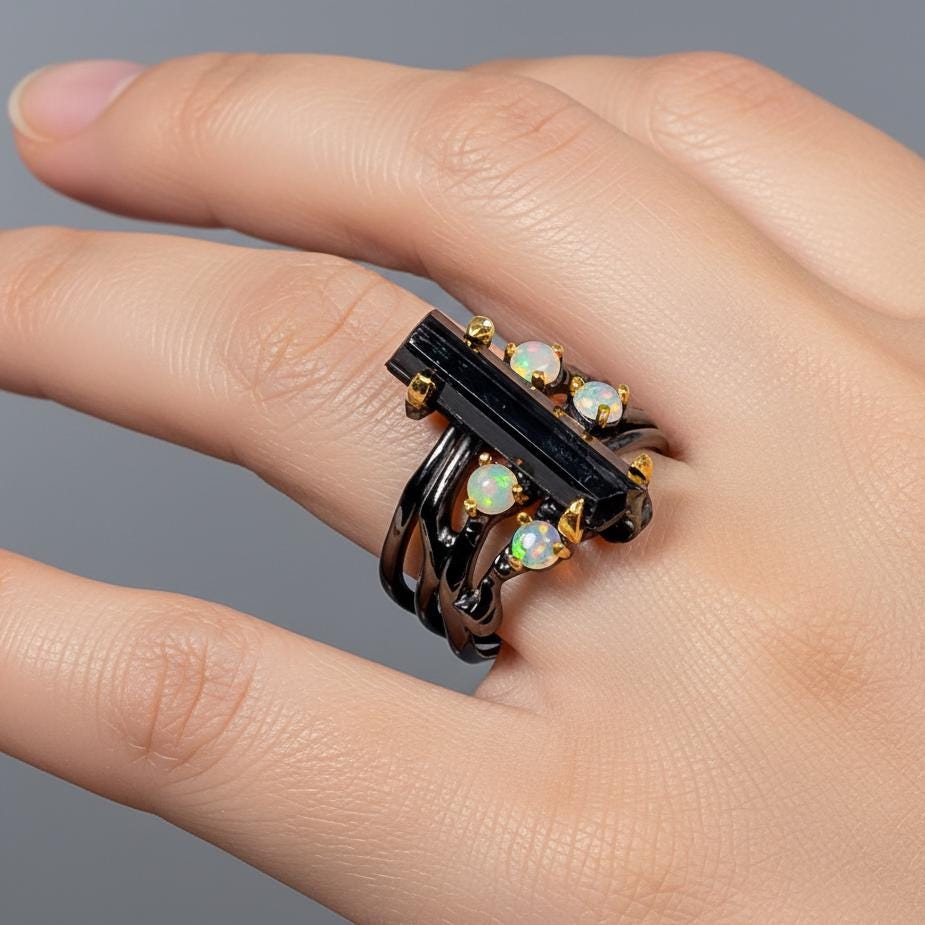 925 Sterling Silver Raw Black Tourmaline Ring, worn on hand