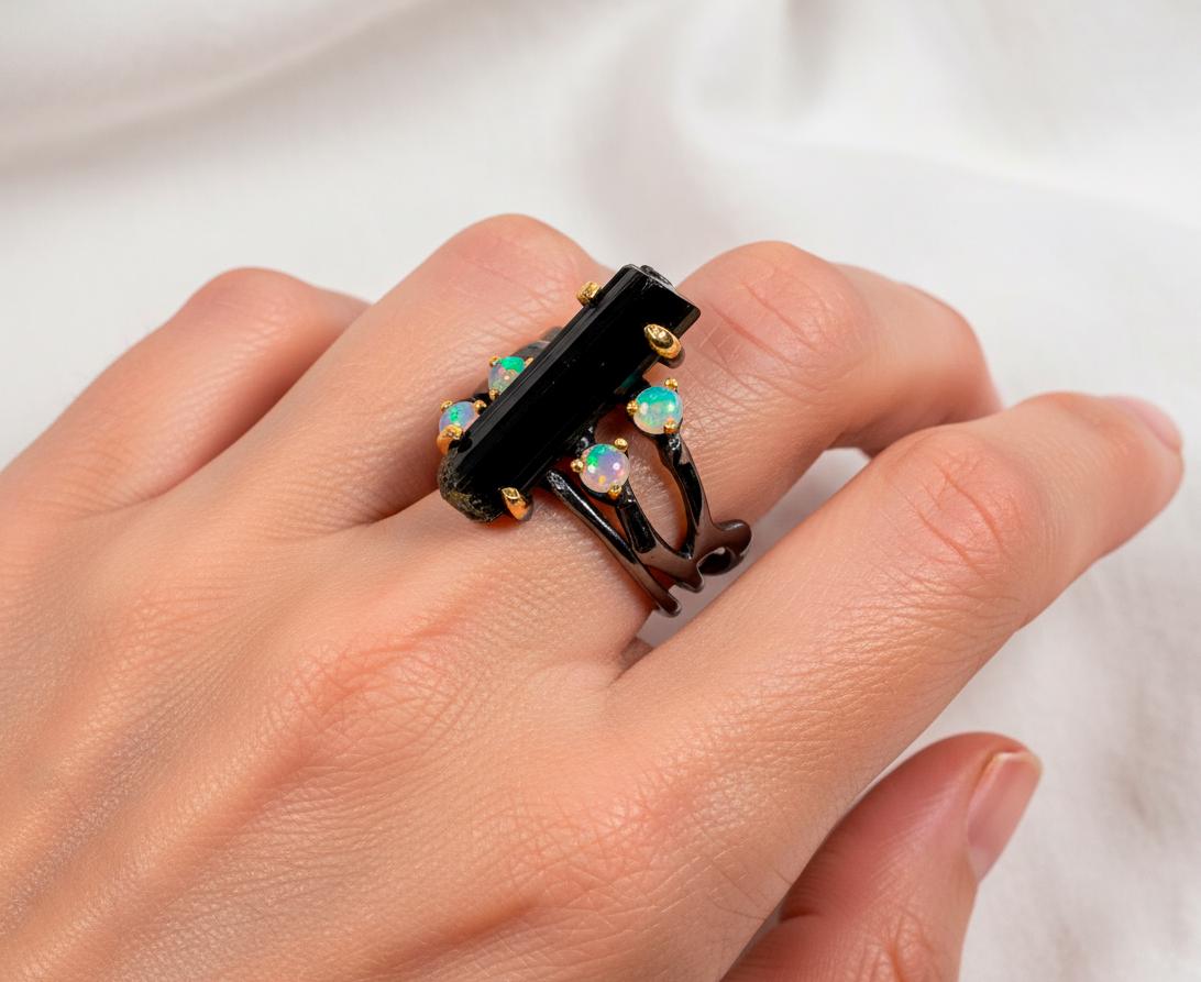 925 Sterling Silver Raw Black Tourmaline Ring, setting detail