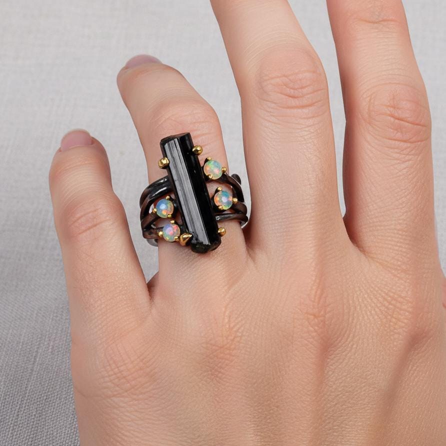 925 Sterling Silver Raw Black Tourmaline Ring, worn look