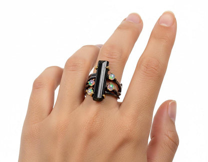 925 Sterling Silver Raw Black Tourmaline Ring, band detail