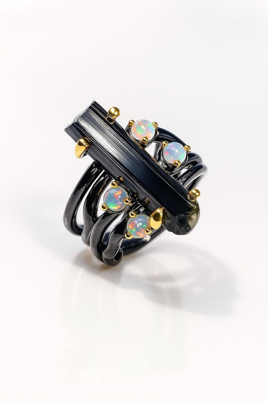 925 Sterling Silver Raw Black Tourmaline Ring, main product image