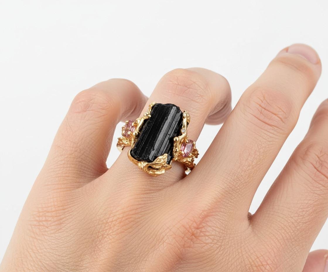 925 Sterling Silver Raw Black Tourmaline Ring, alternate angle