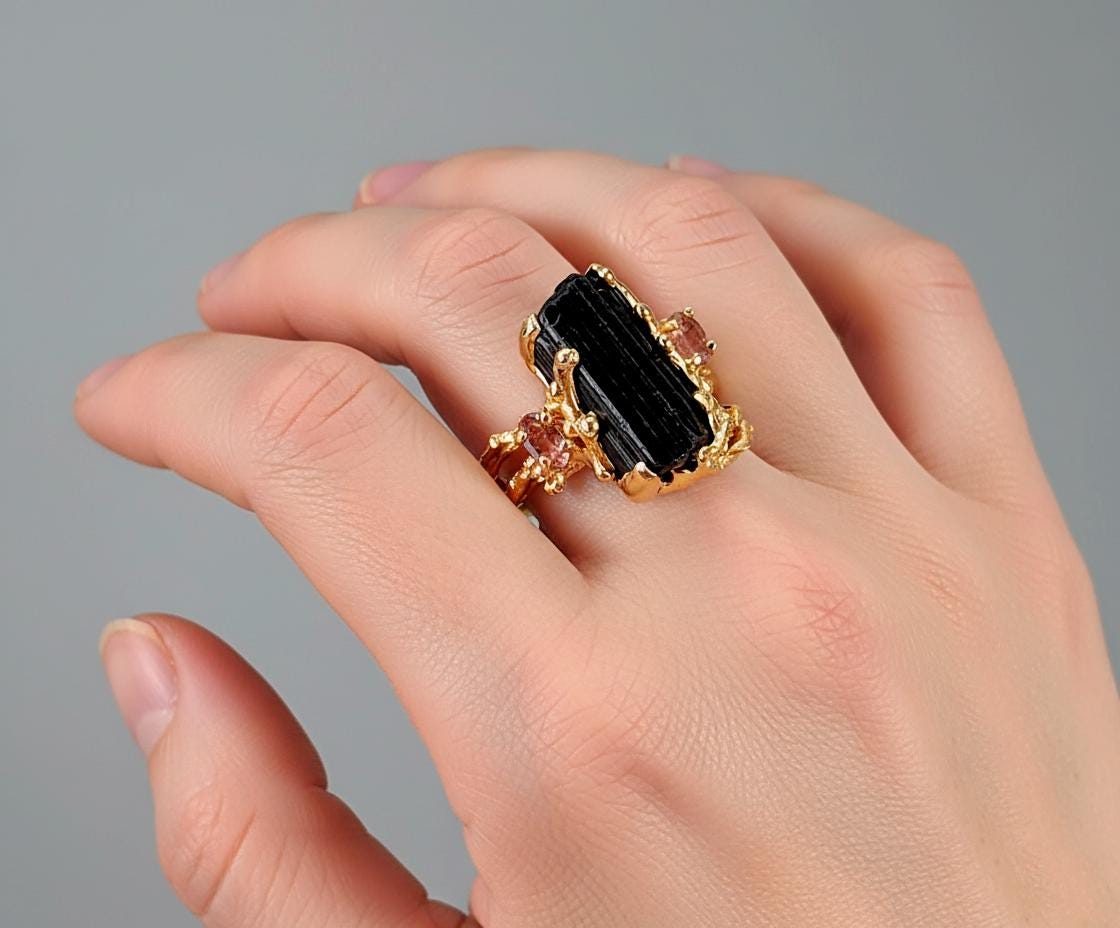 925 Sterling Silver Raw Black Tourmaline Ring, setting detail