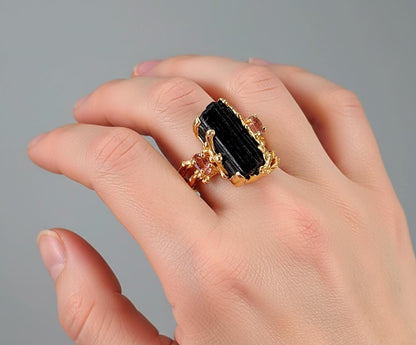 925 Sterling Silver Raw Black Tourmaline Ring, setting detail