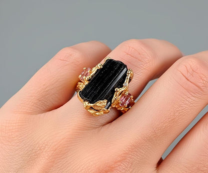 925 Sterling Silver Raw Black Tourmaline Ring, additional angle