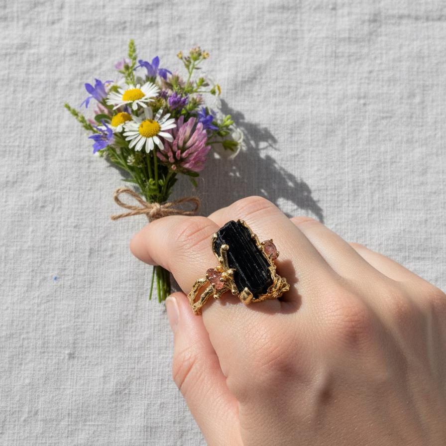 925 Sterling Silver Raw Black Tourmaline Ring, worn look