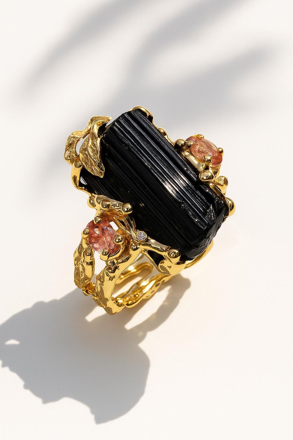 925 Sterling Silver Raw Black Tourmaline Ring, close-up detail