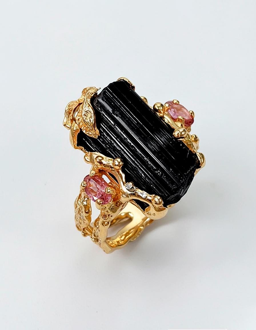 925 Sterling Silver Raw Black Tourmaline Ring, side view