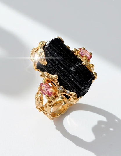 925 Sterling Silver Raw Black Tourmaline Ring, worn on hand