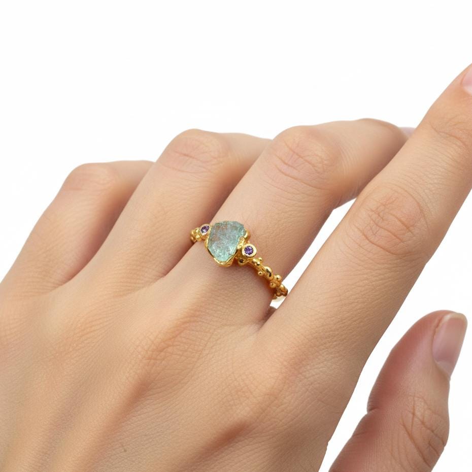 925 Sterling Silver Raw Blue Apatite Ring, close-up detail