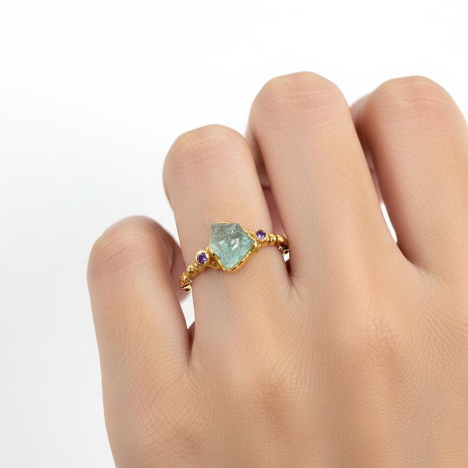 925 Sterling Silver Raw Blue Apatite Ring, worn on hand