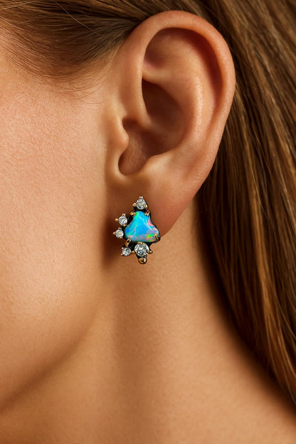 925 Sterling Silver Raw Blue Opal Stud Earrings, close-up detail
