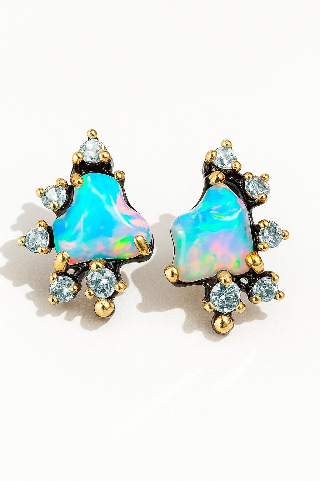925 Sterling Silver Raw Blue Opal Stud Earrings, worn view