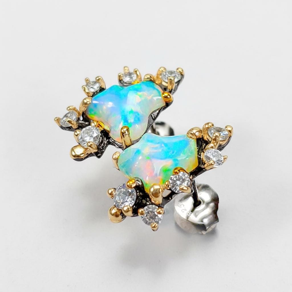 925 Sterling Silver Raw Blue Opal Stud Earrings, stone or metal detail