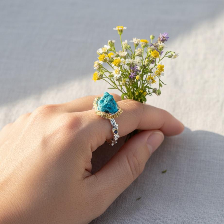 925 Sterling Silver Raw Blue Turquoise Ring, close-up detail